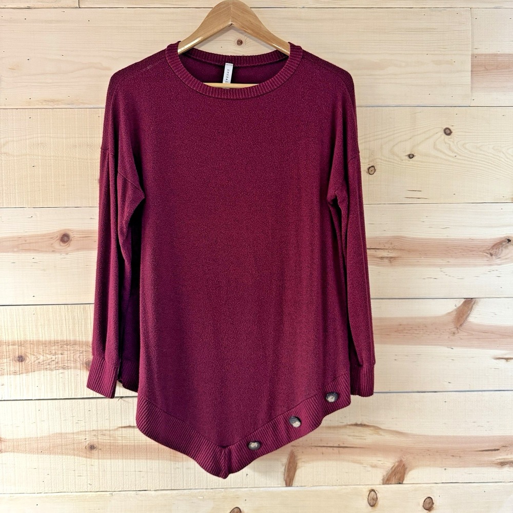Emerald Womens Large Burgundy Stretch Tunic Sweater Asymmetrical Button Hem